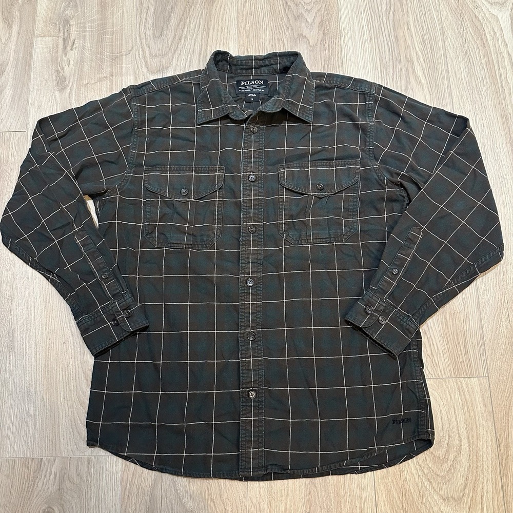 Filson Men's Flannel Shirt Plaid Size Medium Green Brown 100% Cotton Outdoor